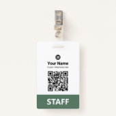 Badge Sage Green Employé Code Qr, Code barre, Logo, Nom (Devant avec clip)