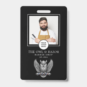 Badge Salon de coiffure moderne rasoir hibou argent pers