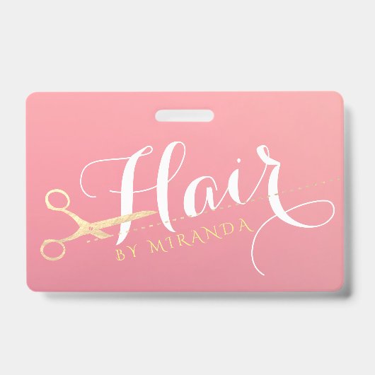Badge Salon de maquillage moderne ciseaux d'or rose (Avant)