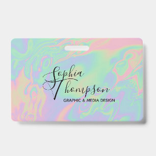 Badge Script holographique moderne arc-en-ciel pastel -