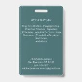 Badge Services de notaire Vintage Professionnel Teal Per (Arrière)