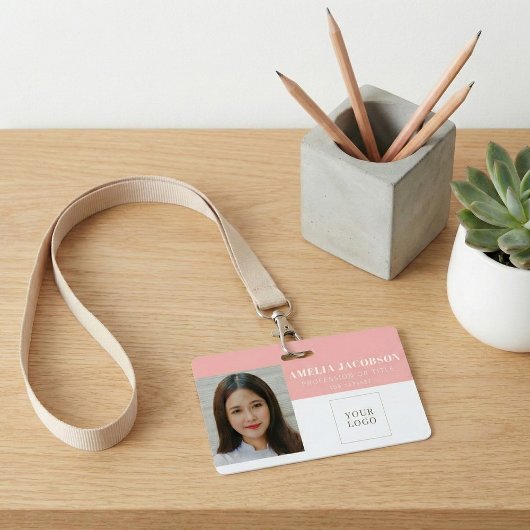Badge Simple Blush Pink Employee Photo ID Logo Barcode 