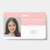 Badge Simple Code-Barres Logo ID de Photo d'Employé Rose (Avant)