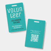 Badge Simple Code QR de Nom d'ID de Bénévole Turquoise p (Avant & arrière)