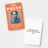Badge Simple Orange Blanc Photo ID Presse (Avant & arrière)