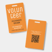Badge Simple Orange Event Volunteer QR Code Nom ID (Avant & arrière)