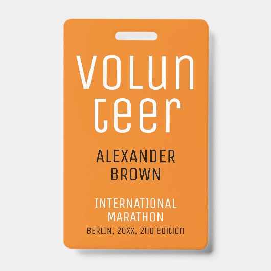 Badge Simple Orange Event Volunteer QR Code Nom ID (Avant)