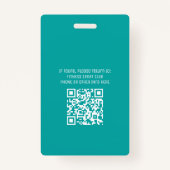 Badge Simple Turquoise Event Volunteer QR Code Nom ID (Dos)