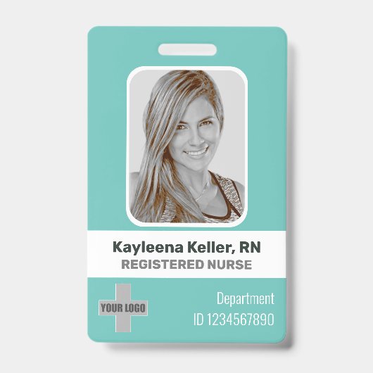 Badge Simple Turquoise Vert Bleu Photo Logo Code à barre (Avant)