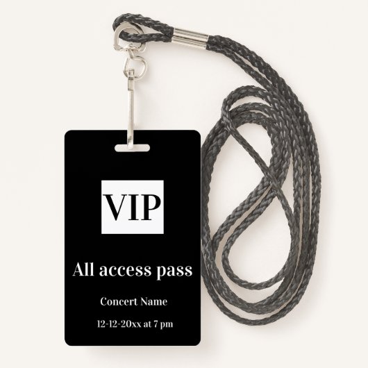 Badge simple vip all accès pass nom de concert occassion (Devant avec lanière)