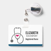 Badge Soins infirmiers gris simple Stethoscope & Coeur (Arrière avec rétractable)