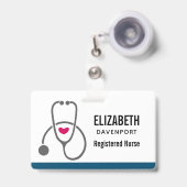 Badge Soins infirmiers gris simple Stethoscope & Coeur (Avant avec rétractable)