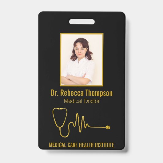 Badge Stéthoscope doré ECG Wave EKG Line | Photo d'ident (Avant)