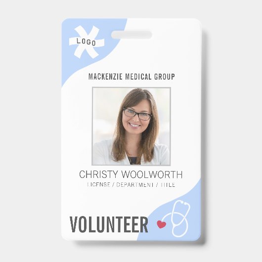 Badge Stéthoscope médical modifiable bleu BÉNÉVOLE (Avant)