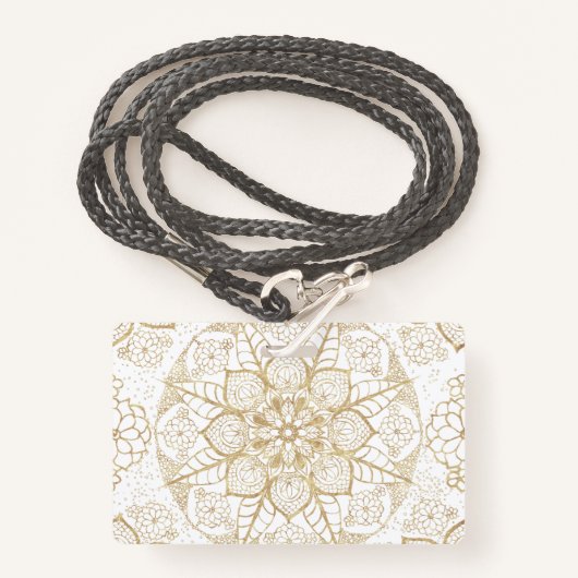 Badge Style Boho Blanc Or Mandala Floral (Devant avec lanière)