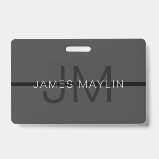 Badge Stylé Masculin Gris Foncé Nom & Monogramme (Avant)
