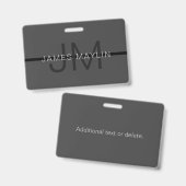 Badge Stylé Masculin Gris Foncé Nom & Monogramme (Avant & arrière)