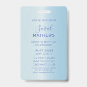 Badge Sweet 16 Ice Blue Metallic Invitation Anniversaire (Arrière)