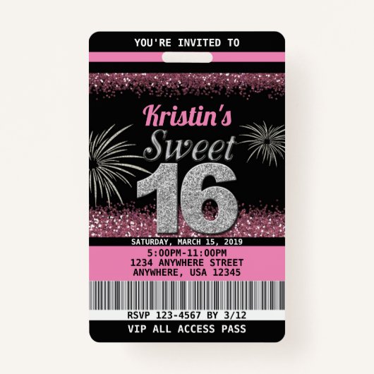 Badge Sweet 16 Invitations d'anniversaire en rose pâle (Devant)