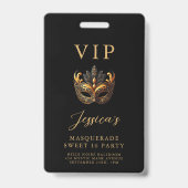Badge Sweet 16 Masquerade Black Gold VIP Invitation (Front)