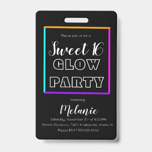 Badge Sweet 16 Neon Glow Carte d'identité de naissance e (Avant)