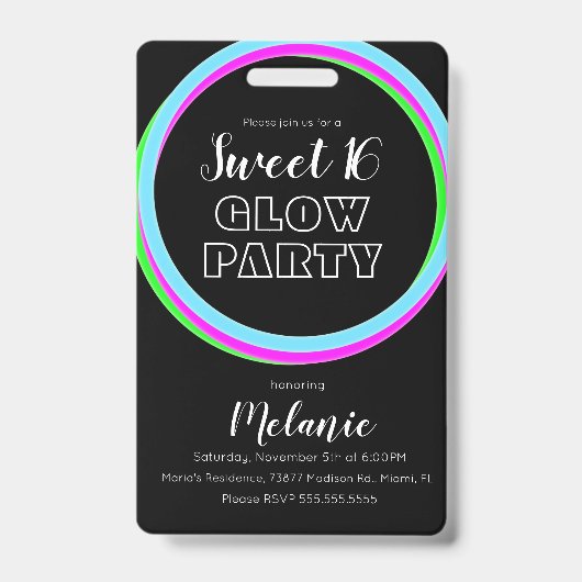 Badge Sweet 16 Neon Party Glow Birthday Pass ID (Front)