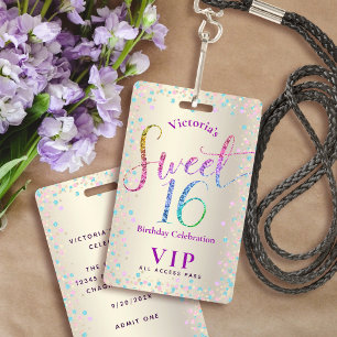 Badge Sweet 16 Rainbow Glitter Gold Birthday VIP Pass
