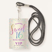 Badge Sweet 16 Rainbow Parties scintillant Gold Annivers (Devant avec lanière)