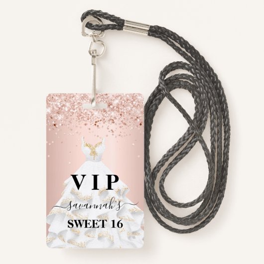 Badge Sweet 16 rose blanc robe nom vip (Devant avec lanière)