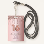 Badge Sweet 16 Rose Parties scintillant or Invitation An (Derrière avec lanière)