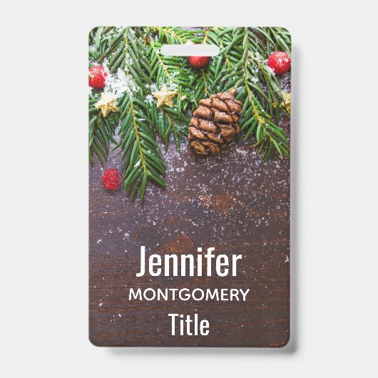 Badge Table de Noël rustique avec pin et neige (Avant)