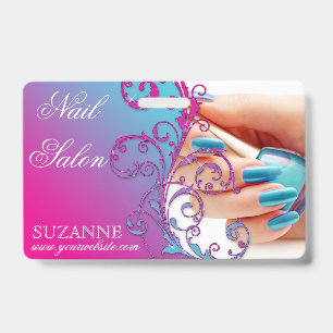 Badge Technicien du salon à ongles Floral Damask bleu ro