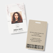 BADGE TEXTE DE MARBRE ROSE BLANC CODE-BARRES PHOTO EMPLO (Avant & arrière)