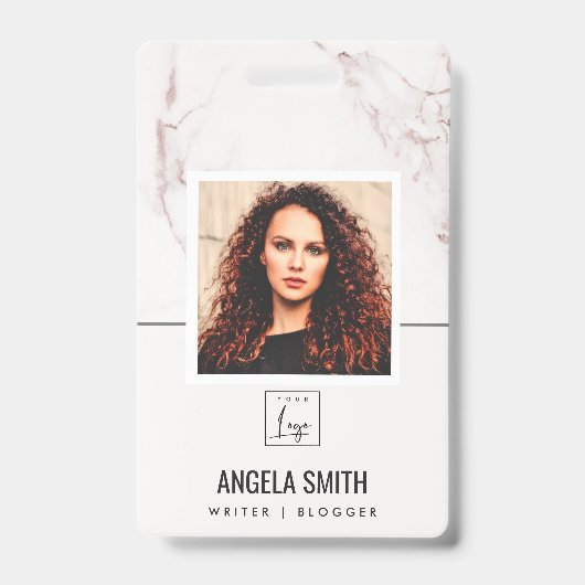 BADGE TEXTE DE MARBRE ROSE BLANC CODE-BARRES PHOTO EMPLO (Avant)