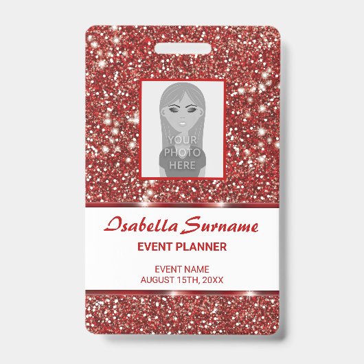 Badge Texture de faux paillettes rouges avec texte perso (Avant)