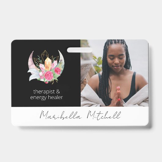 Badge Thérapeute Cristaux Plumes Fleurs Boho Moon (Avant)