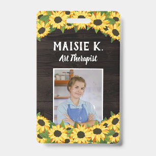 Badge Tournesol jaune & Photo Bois foncé Rustique