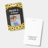 Badge Tournesol jaune & Photo sur bois foncé rustique (Avant & arrière)