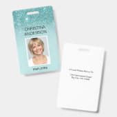 Badge Turquoise Blue Parties scintillant Nom de l'employ (Avant & arrière)