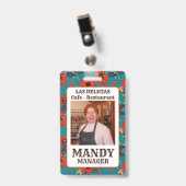 Badge Turquoise et rouge Floral Local Café Restaurant (Avant avec clip)