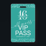 Badge Turquoise Turquoise Sweet 16 Invitation carte VIP<br><div class="desc">Custom Turquoise Aqua Turquoise Blue-Green Parties scintillant Sweet 16 VIP All-Access Pass Badge Invitation avec un monogramme de 16e anniversaire - ou personnalisez avec chaque nom d'invité individuel pour votre soirée sweet sixteen glam. Les détails de l'invitation sont imprimés sur le dos avec des polices élégantes et modernes avec accents...</div>