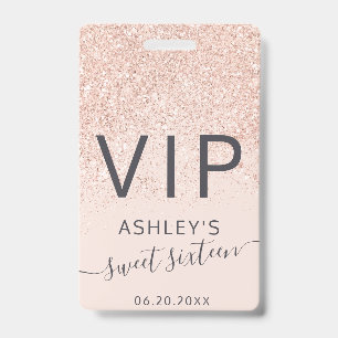 Badge Typographie pailletée or rose blush Sweet 16 VIP
