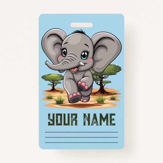 Badge Un bébé éléphant qui sonne heureux dans la savane (Devant)