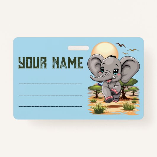 Badge Un bébé éléphant qui sonne heureux dans la savane  (Devant)
