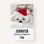 Badge Un mignon chien blanc dans un Casquette de Noël ro (Devant)