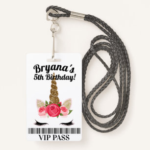 Badge Unicorne rose or Floral Anniversaire Party VIP PAS