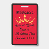 Badge Unique Sweet 16 Anniversaire VIP All Access Pass (Arrière)