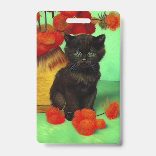 Badge Van Gogh Black Kitten Fleurs rouges (Avant)