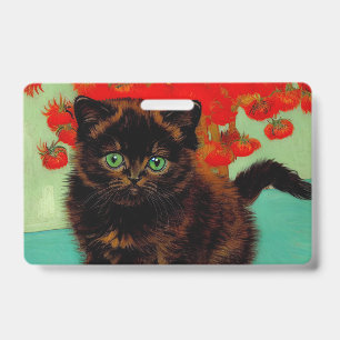 Badge Van Gogh Chat noir Fleurs rouges