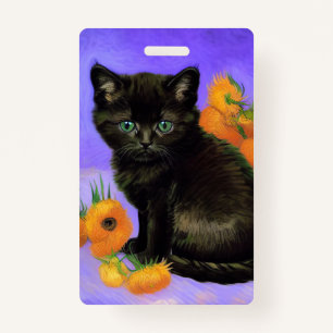 Badge Van Gogh Kitten noir avec des tournesols